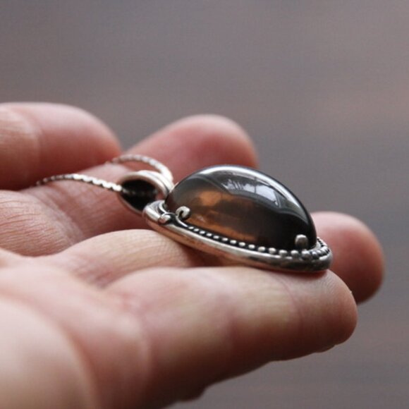 Sterling Smoky Quartz Cabachon Necklace with 925 Chain - Picture 3 of 10